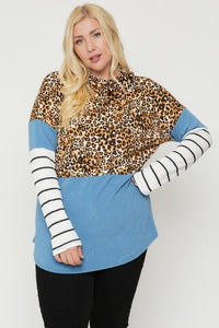 Plus Size Color Block Hoodie Featuring A Cheetah Print