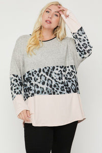 Plus Size Color Block Top Featuring A Leopard Print Top