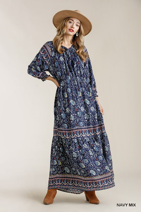 Paisley Print Smocked Ruffle Cuff Sleeve Elastic Waist Maxi Dress With Front String Tie