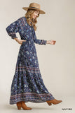 Paisley Print Smocked Ruffle Cuff Sleeve Elastic Waist Maxi Dress With Front String Tie