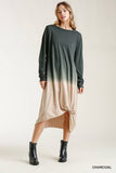 Ombre Front Knot Detail Long Sleeve Maxi Dress With Raw Hem