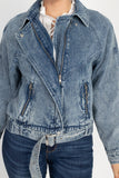 Ribbed Hem Belted Denim Jacket