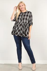 Plus Size Roll Sleeve Baby Doll Plaid Tunic Top