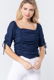 Elbow Slv Smocked Ruched Woven Top