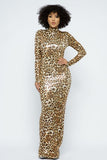 Animal Foil Mock Neck Body Con Maxi Dress