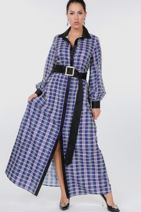 Plaid Shirt Maxi Dress With Gold Buckle Belt