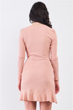 Tan Blush Ribbed Deep Plunge V-neck Asymmetrical Wrap Flare Hem Dress