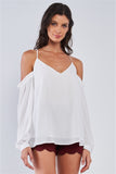 Ariana White Relaxed Fit V-neck Off-the-shoulder Long Sleeve Ruffle Hem Razor Back Top