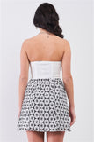 White & Black Floral Crochet Sleeveless Strapless Smock Back Detail Mini Dress