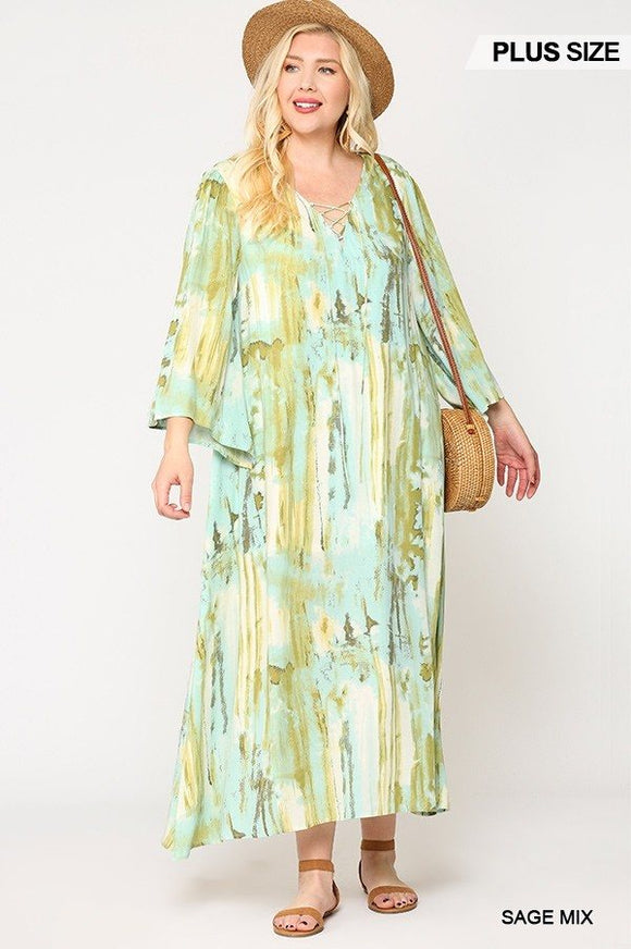 Tie Dye Multi Color Printed Maxi Dress With Lace Up