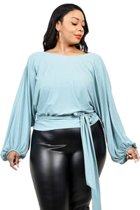 Plus Relaxed Long Sleeve Tie Waist Top