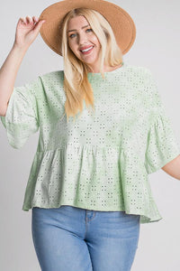 Tie Dye Ruffled Sleeves And Bottom Eyelet Blouse