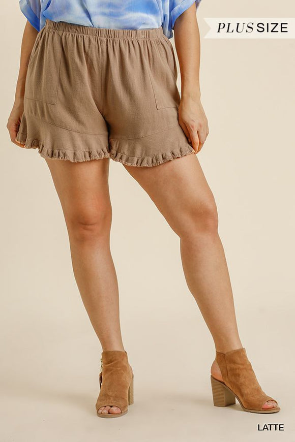 Linen Blend Elastic Waist Ruffle Hem Shorts With Pockets