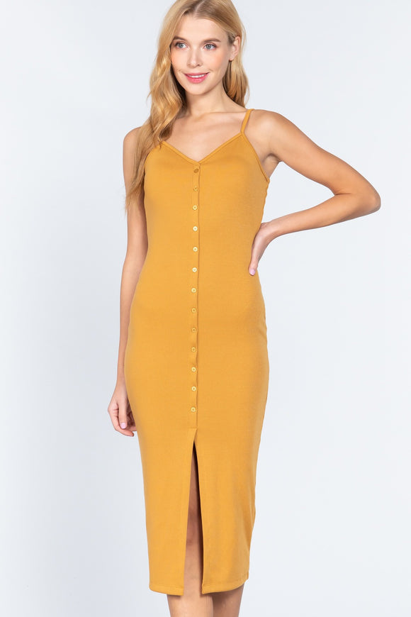 Fron Button Slit Rib Cami Midi Dress