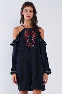 Black Boho Multicolor Traditional Slavic Inspired Floral Embroidery Loose Fit Ruffle Off-the-shoulder Long Sleeve Mini Dress