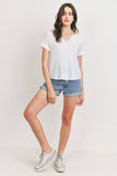 Waffle Raw Edge V-neck Rolled Up Short Sleeves Top