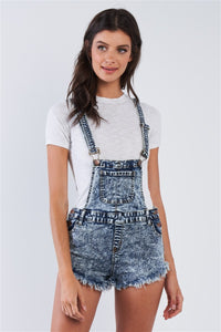 Denim Acid Washed Fringed Mini Short Overall