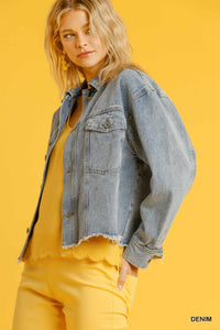 Collar Button Down Denim Jacket With Chest Pockets