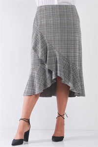 Plus Size Plaid Grey High-waist Midi Skirt