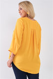 Plus Size Tuscan Sun Yellow V-neck Midi Sleeve Pleated Back Detail Relaxed Tunic Top