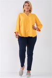 Plus Size Tuscan Sun Yellow V-neck Midi Sleeve Pleated Back Detail Relaxed Tunic Top