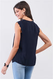 Navy Slit Neckline Scallop Hem Shoulder Detail Loose Fit Tank Top