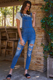 Mid-blue Wash Ripped Sleeveless Square Neck Front Pocket Skinny Denim Overall