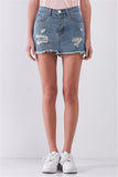 Medium Blue Washed Denim Ripped High Waist Raw Hem Detail Mini Skirt