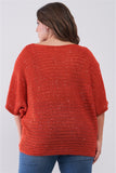 Plus Size Dark Coral Sequin Sheer Knit Bateau Neck Drop Shoulder Loose Fit Top