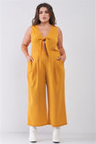 Plus Size Sleeveless V-neck Self-tie Front Detail Wide Leg Jumpsuit