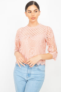 Mock 3/4 Sleeves Lace Designed Top