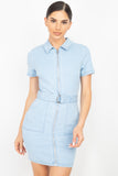 Belted Bodycon Collared Denim Dress