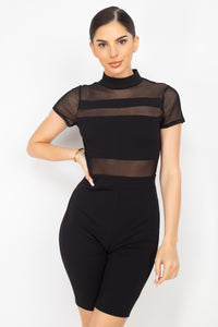 Stripe Mesh Mock Neck Biker Romper