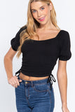 Puff Slv Side Shirring Rib Knit Top