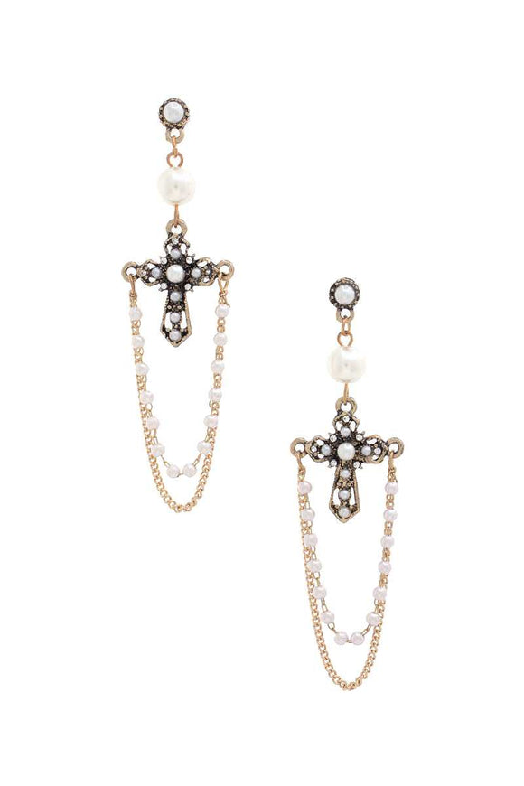 Cross Pearl Bead Dangle Earring