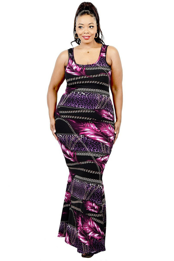 Plus Leaf & Chain Print Bodycon Maxi Dress