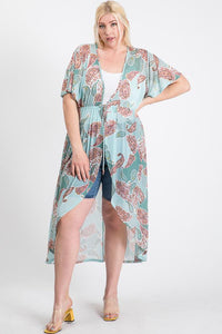 Short Sleeves Long-line Printed Mesh Open Cardigan