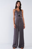 Dark Olive Chic Satin Sleeveless Mesh Hem V-neck Wide Leg Jumpsuit