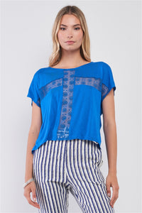 Royal Blue Boat Neck Short Sleeve See-trough Cross Cut-in Detail With Floral Embroidery Top