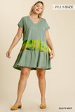 Tie Dye V-neck Short Folded Sleeve Raw Edged Detail Dress With Fringed Hem