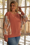 Plus Size Coral Tie-dye Long Sleeve Relaxed Round Neck Top