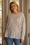 Plus Size Light Blue & Ivory Animal Print Gathered Sides Detail Long Sleeve Top