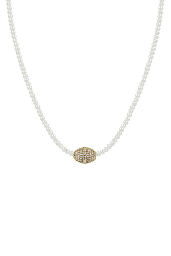 Oval Rhinestone Pendant Pearl Bead Necklace