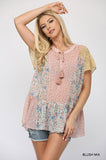 Floral Mixed Print Chiffon Short Top With Front Tassel Tie