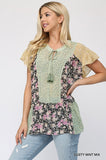 Floral Mixed Print Chiffon Short Top With Front Tassel Tie