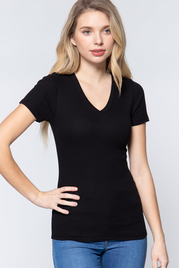 Short Sleeve V-neck Rib Top