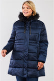 Plus Glossy Long Fitted Vegan Fur Hood Detail Winter Puffer Jacket