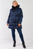 Plus Glossy Long Fitted Vegan Fur Hood Detail Winter Puffer Jacket