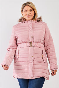 Plus Parallel Quilt Faux Fur Hood Belted Padded Long Puffer Jacket