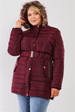 Plus Parallel Quilt Faux Fur Hood Belted Padded Long Puffer Jacket